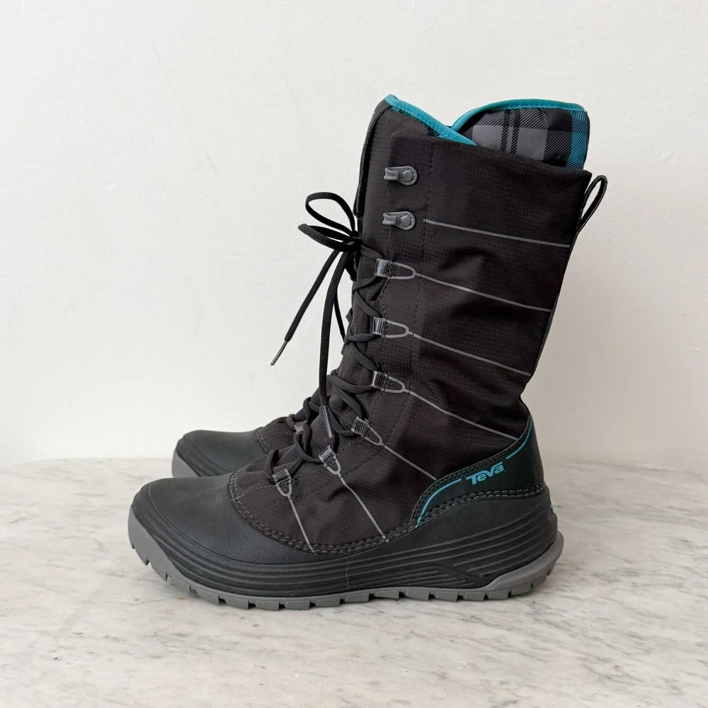 Teva Jordanelle Winter Boots Thinsulate Insulated Black Teal 9 Tall Lace Up